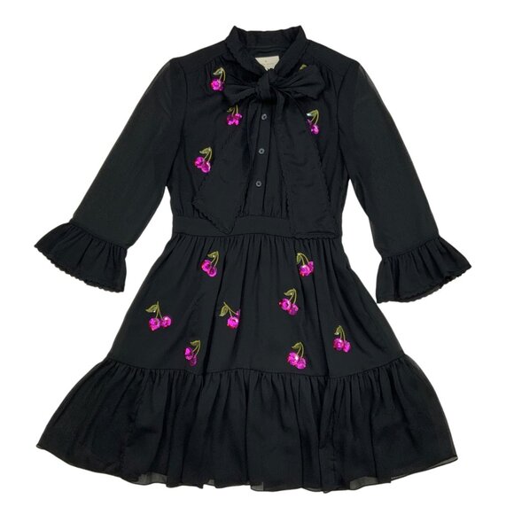 Kate Spade Sequins Cherries Shirtdress 4 Black Mini Bow Tie Neck Ruffle Formal - Picture 12 of 12